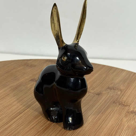 Black Brass Rabbit Hare Bronze Gold Ears MCM 4 3/4" Tall Bunny Retro Vintage - Picture 2 of 12
